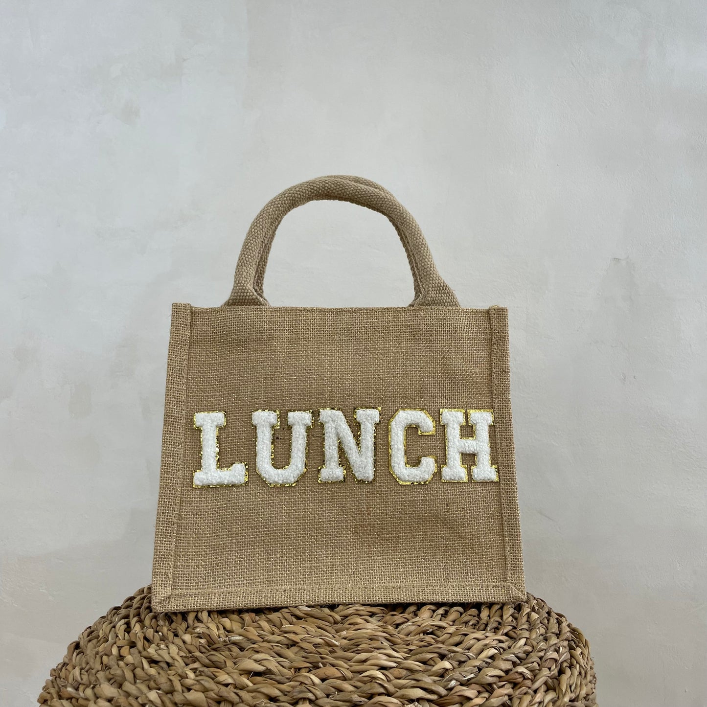 Personalised Patch 5 Letters Square Jute Lunch Bridesmaid Top Handle Gift Bag