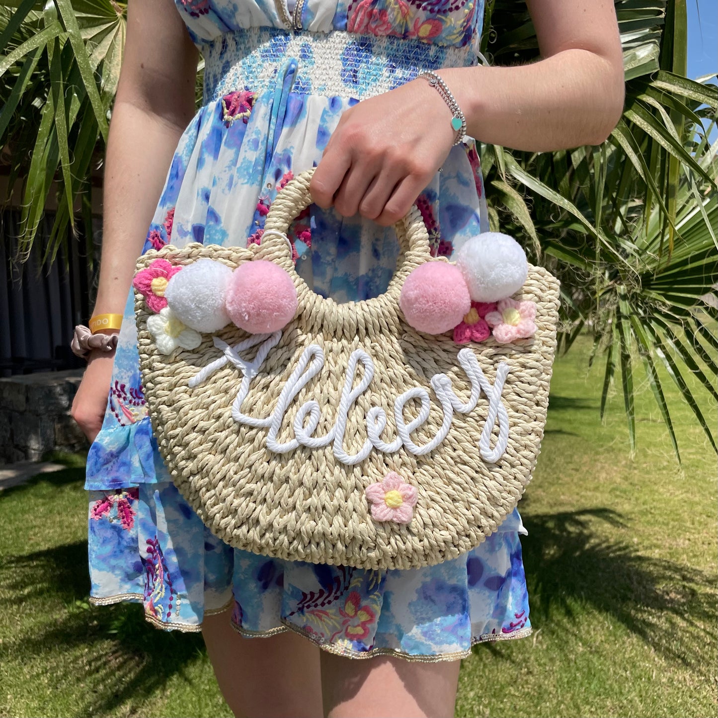 Personalised Large ADA Pom Pom Handle Straw Half Moon Basket Bag