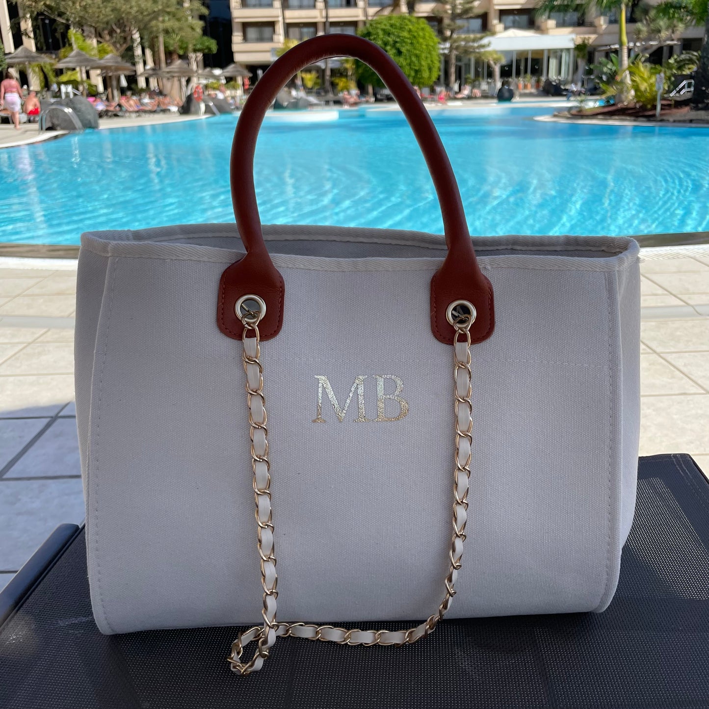 Personalised White & Brown Large Chain Initial Tote Bags