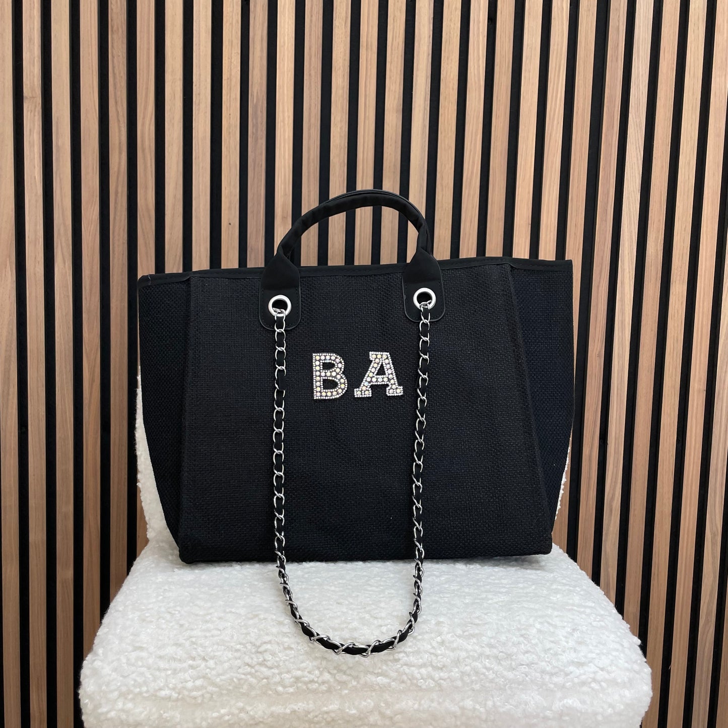 Personalised Silver Black Pearl Patch Chain Large Initial Tote Bags