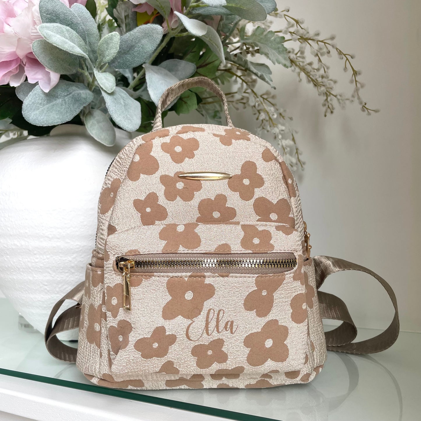 Personalised Childrens Beige Flower Small Backpack