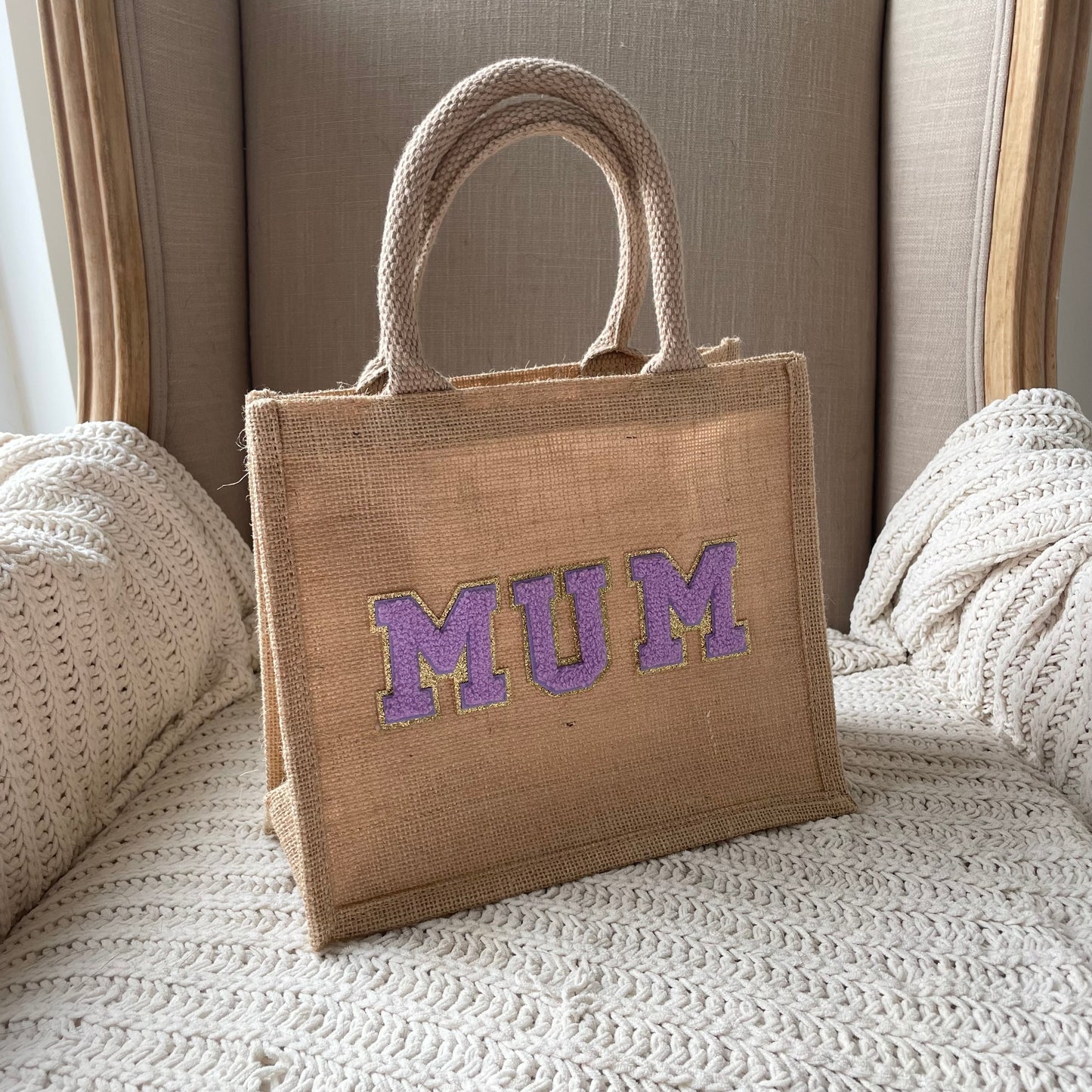 Personalised Patch 3 Letters Square Jute Lunch Bridesmaid Top Handle Gift Bag