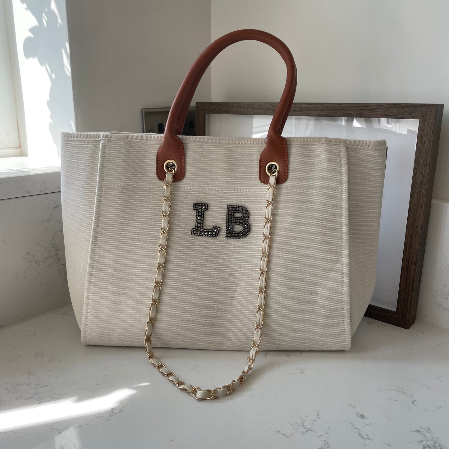 Personalised Matte Black Pearl Patch Chain Large Initial Tote Bags