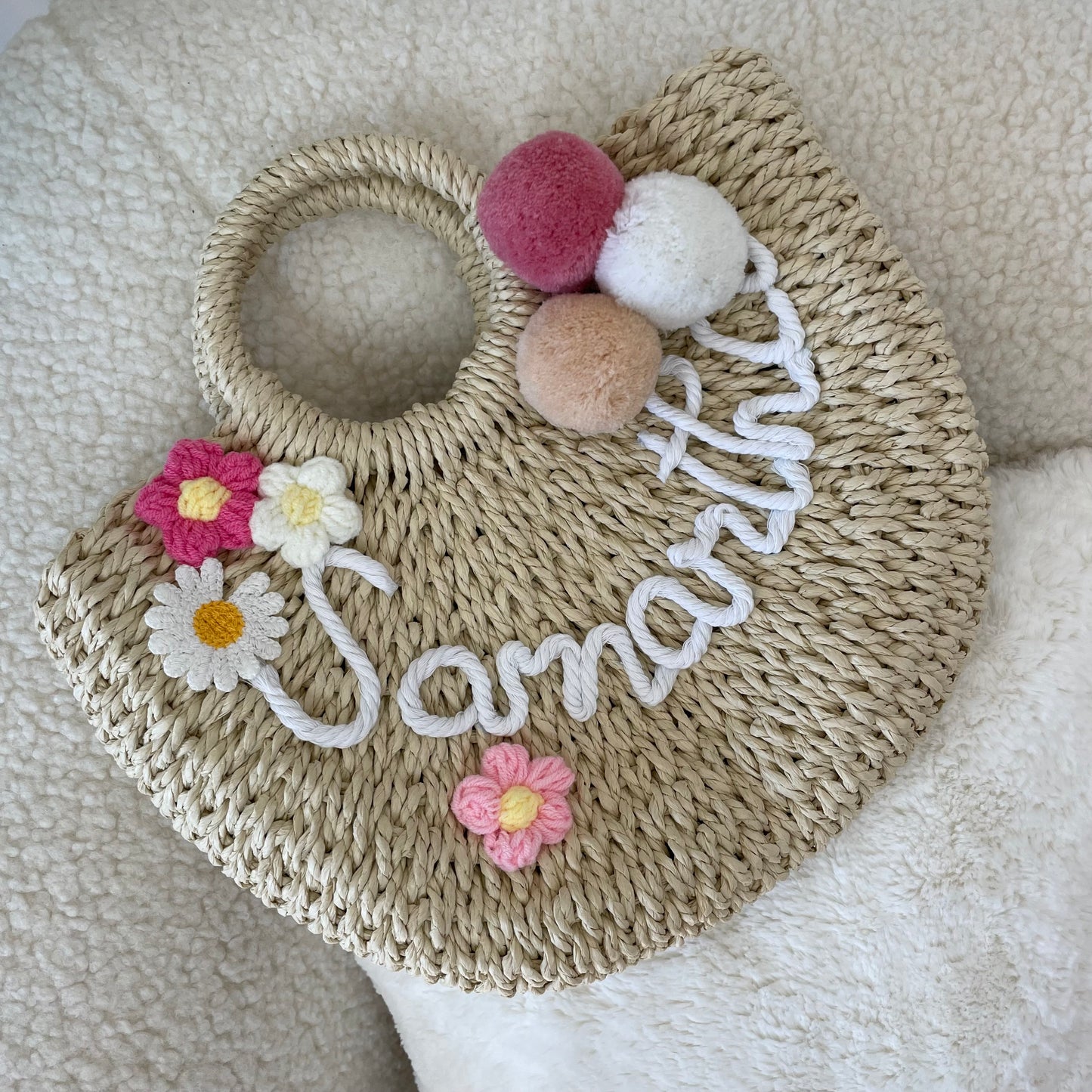 Personalised Large ADA Pom Pom Handle Straw Half Moon Basket Bag