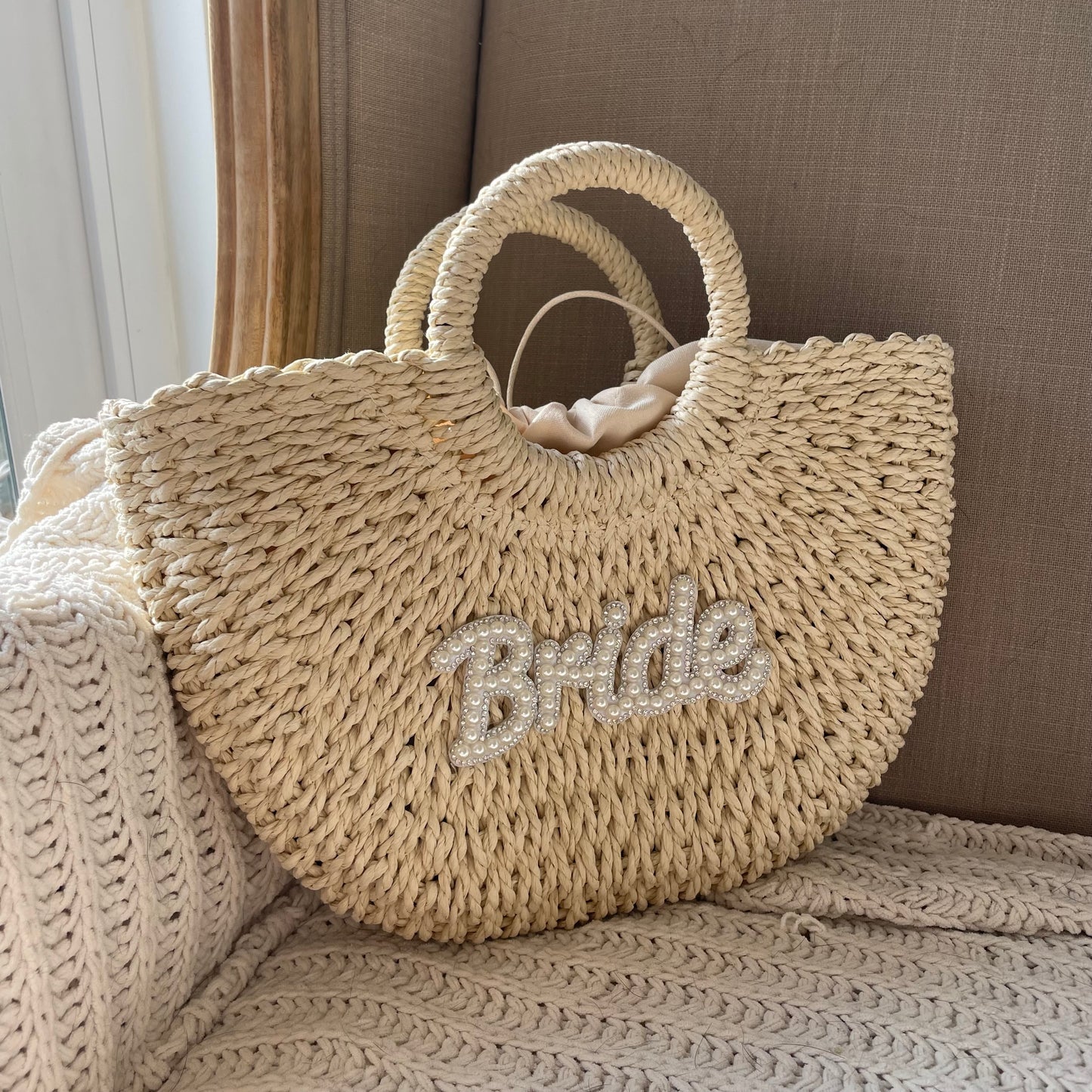 Large Bride Straw Handle Half Moon Semi Circle Basket Drawstring Bag