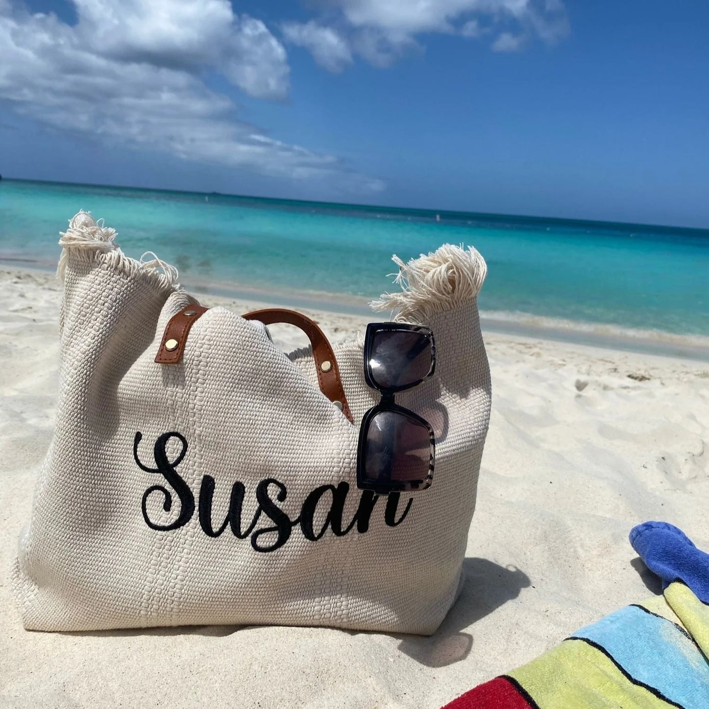 Personalised HETTY Embroidered Solid Colour Straw Fringe Shoulder Tote Beach Bag