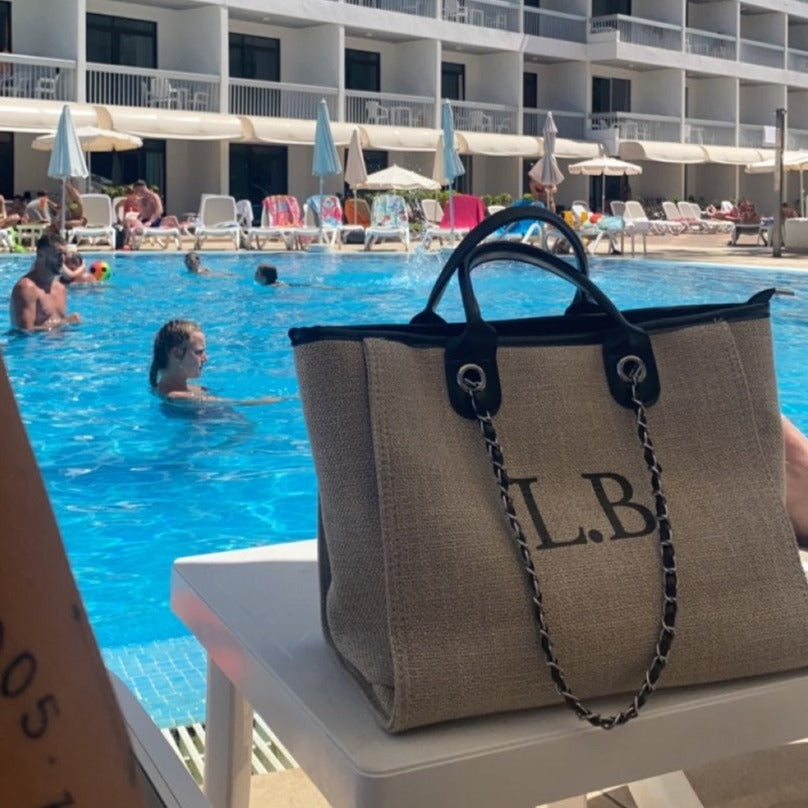 Personalised Beige & Black Chain Large Initial Tote Bags