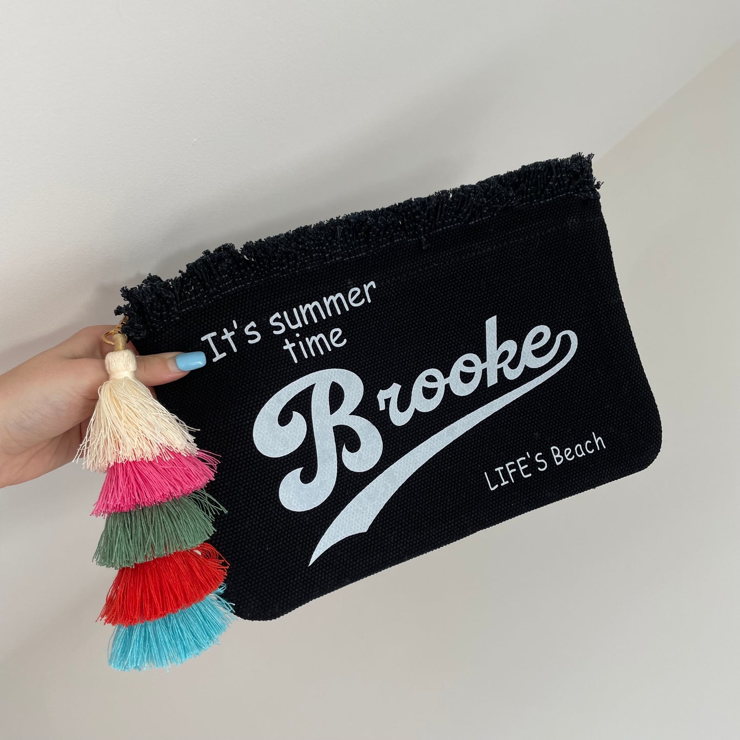 Personalised JADE Solid Colour Straw Fringe Pouch Clutch Bag