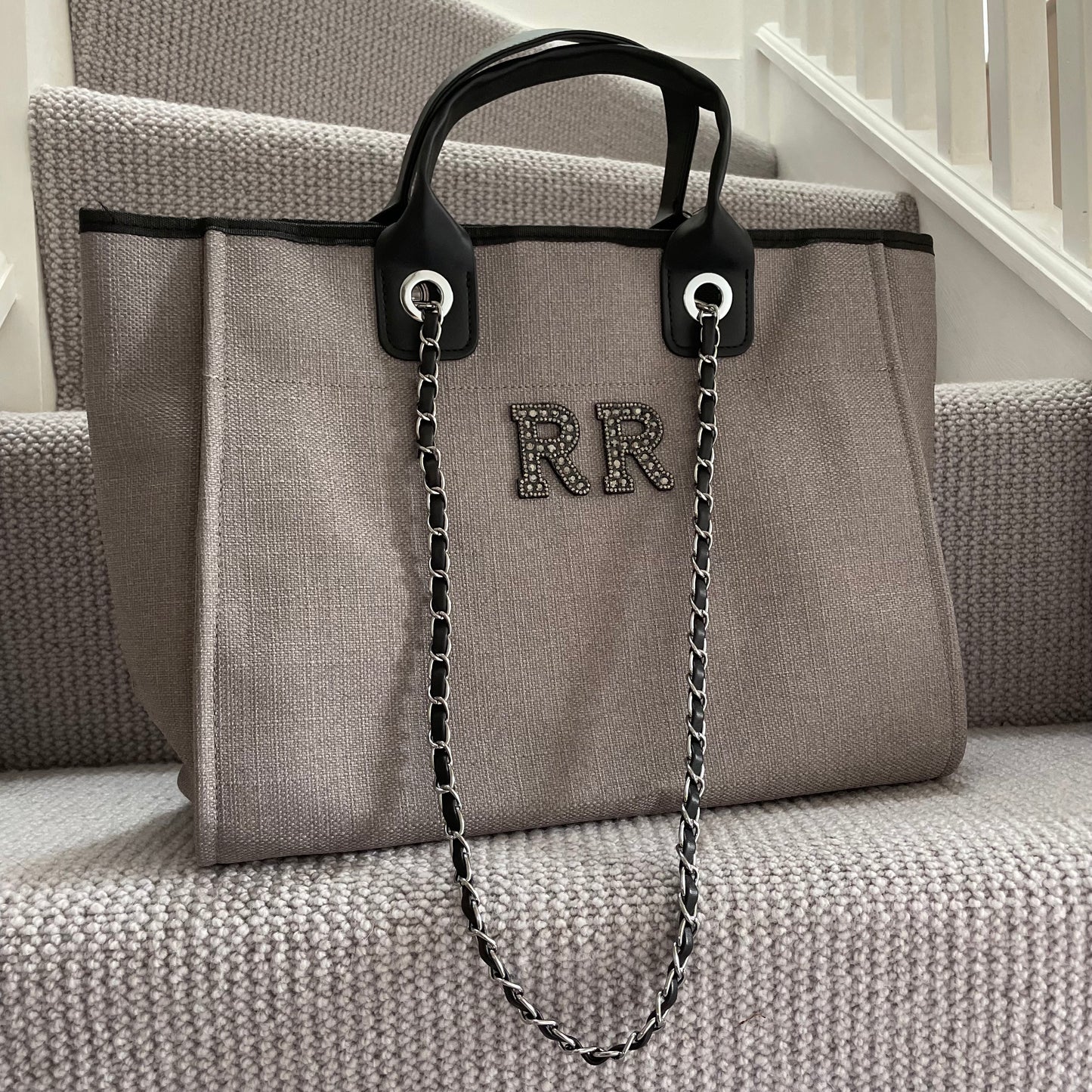 Personalised Matte Black Pearl Patch Chain Large Initial Tote Bags