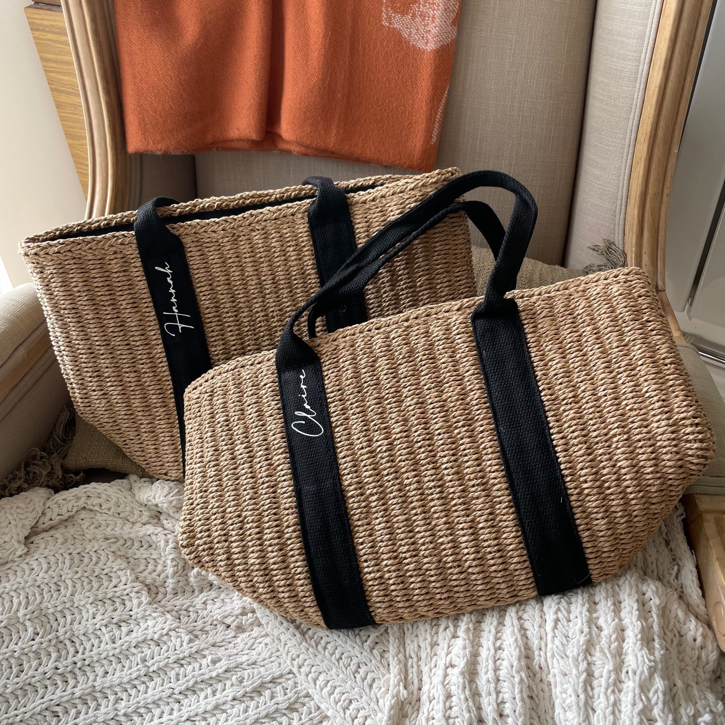 Personalised GRACE Straw Wicker Black Ribbon Drawstring Beach Bag