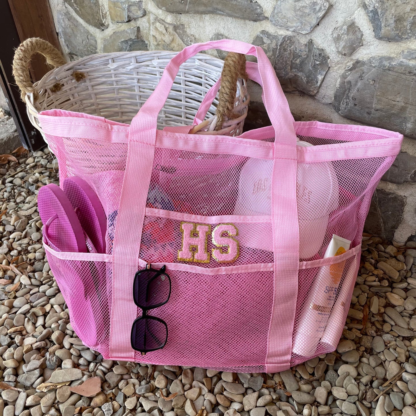 Personalised LACEY Patch Pocket Net Mesh Tote Beach Bag