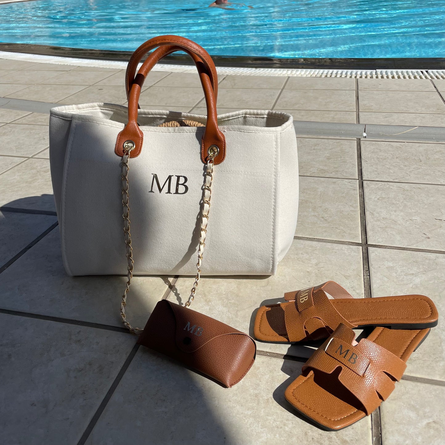 Personalised White & Brown Large Chain Initial Tote Bags