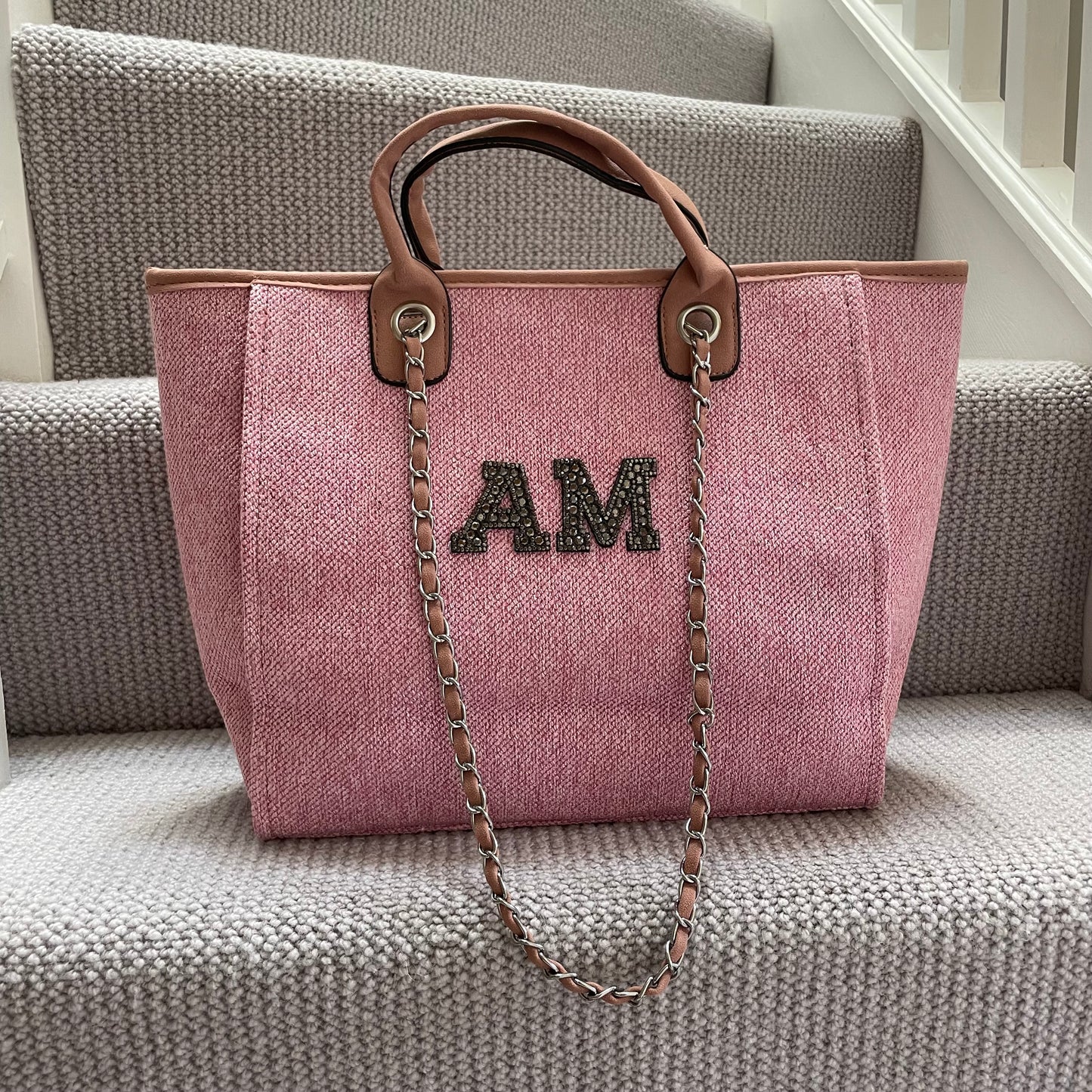 Personalised Matte Black Pearl Patch Chain Large Initial Tote Bags