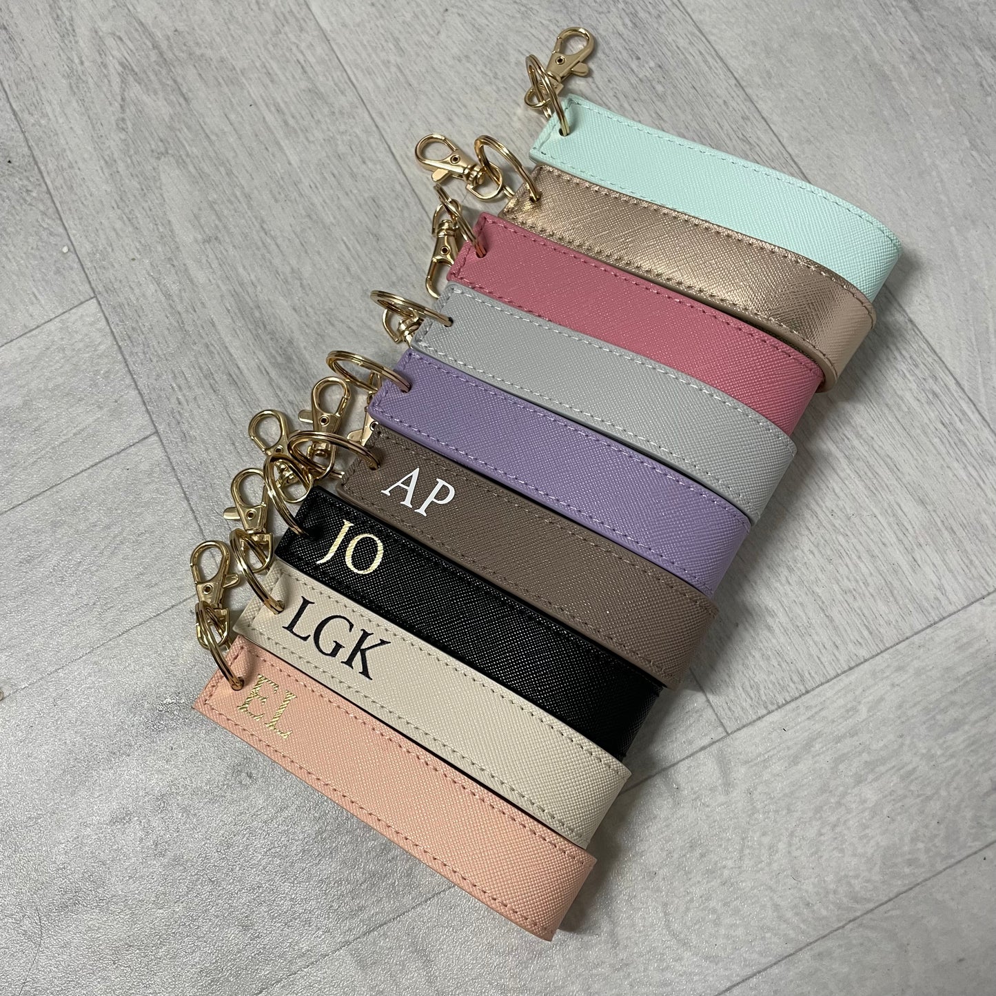Personalised Saffiano Leather Wristlet Strap Handle key chains key rings