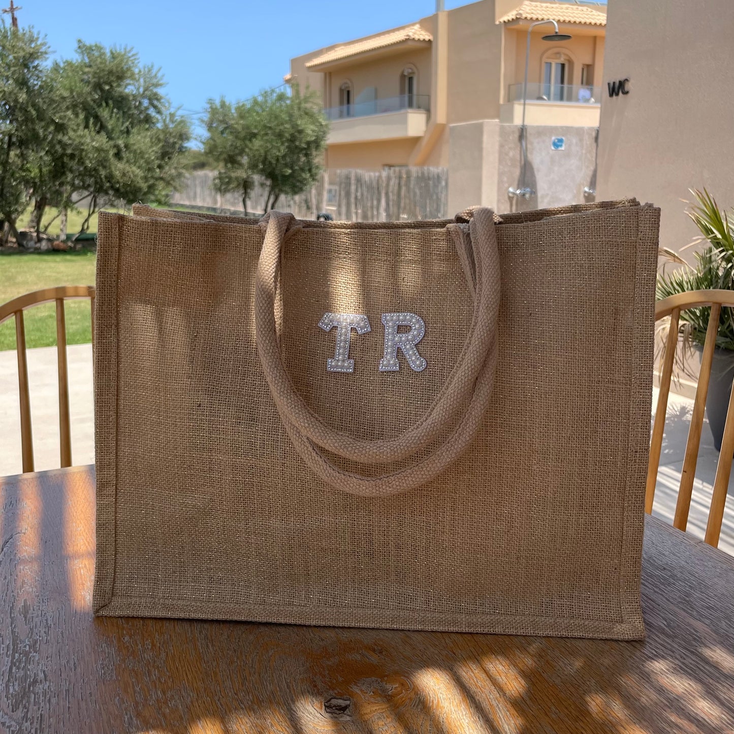 Personalised Patch Square Jute Shoulder Beach Shopper Tote Bag