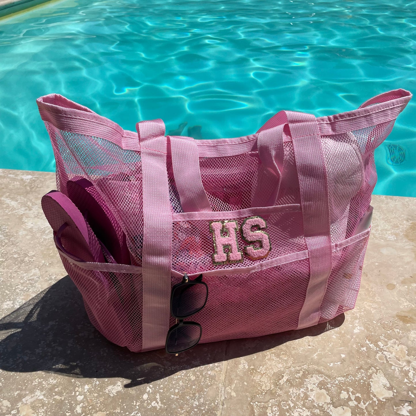 Personalised LACEY Patch Pocket Net Mesh Tote Beach Bag