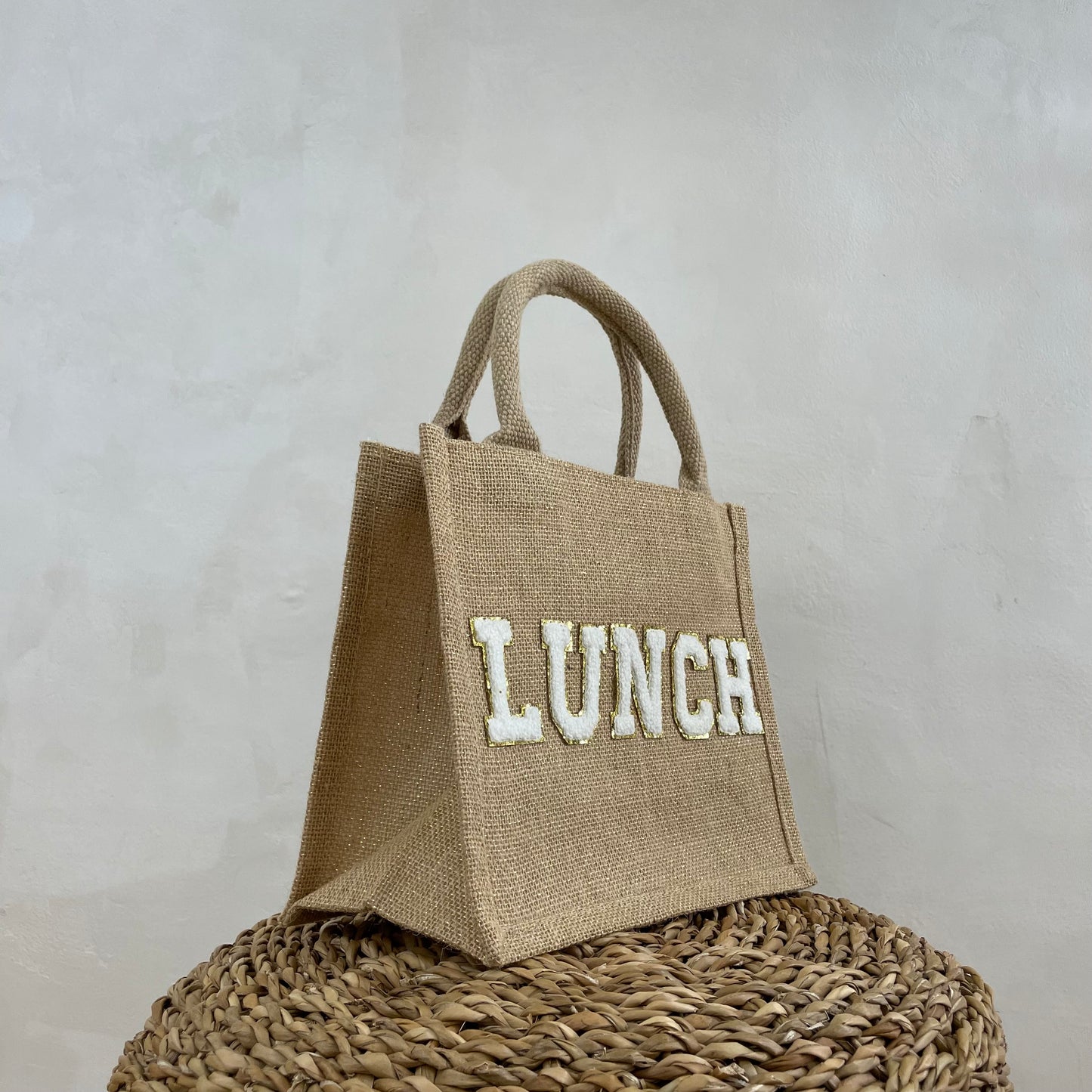 Personalised Patch 5 Letters Square Jute Lunch Bridesmaid Top Handle Gift Bag