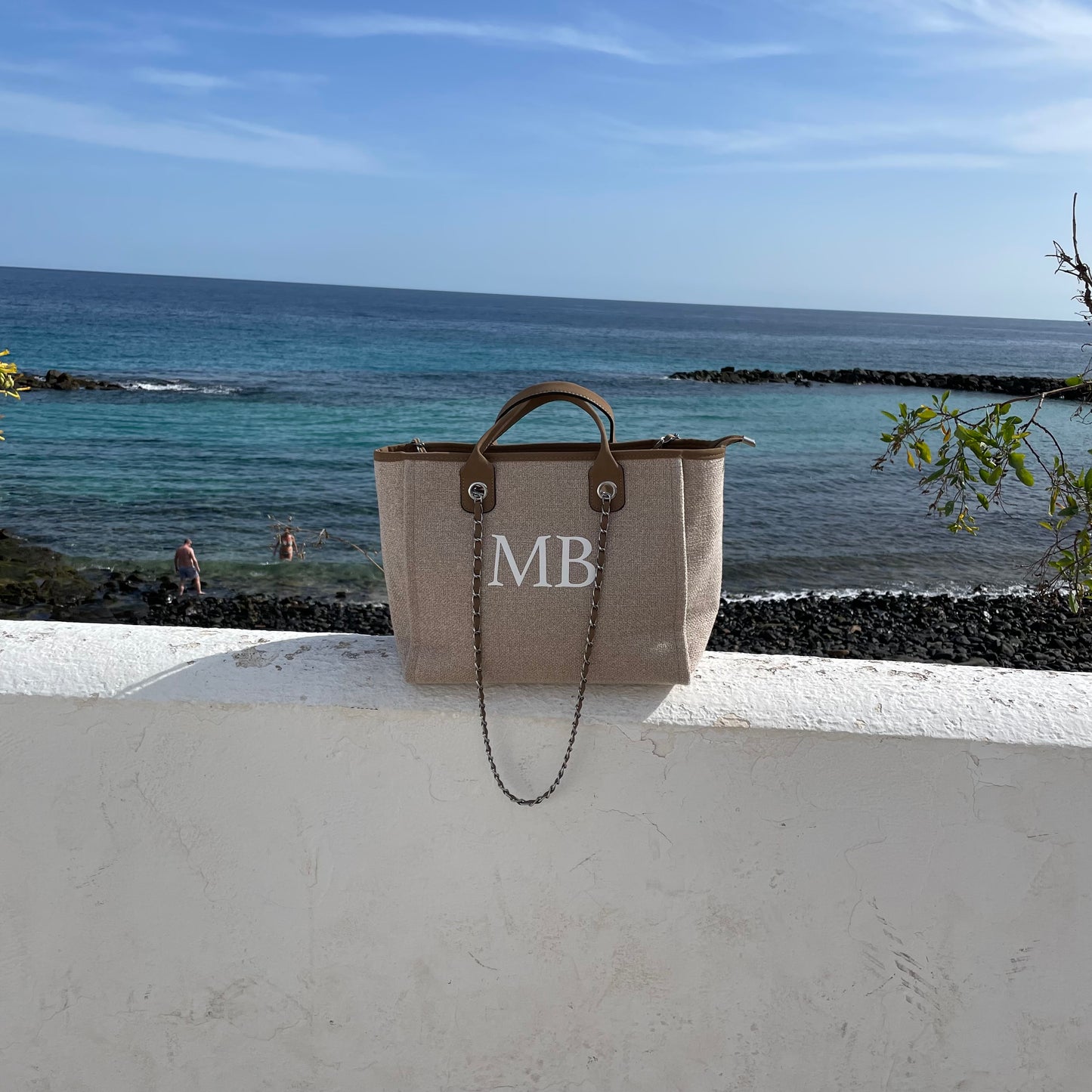Personalised Beige & Brown Large Chain Initial Tote Bags