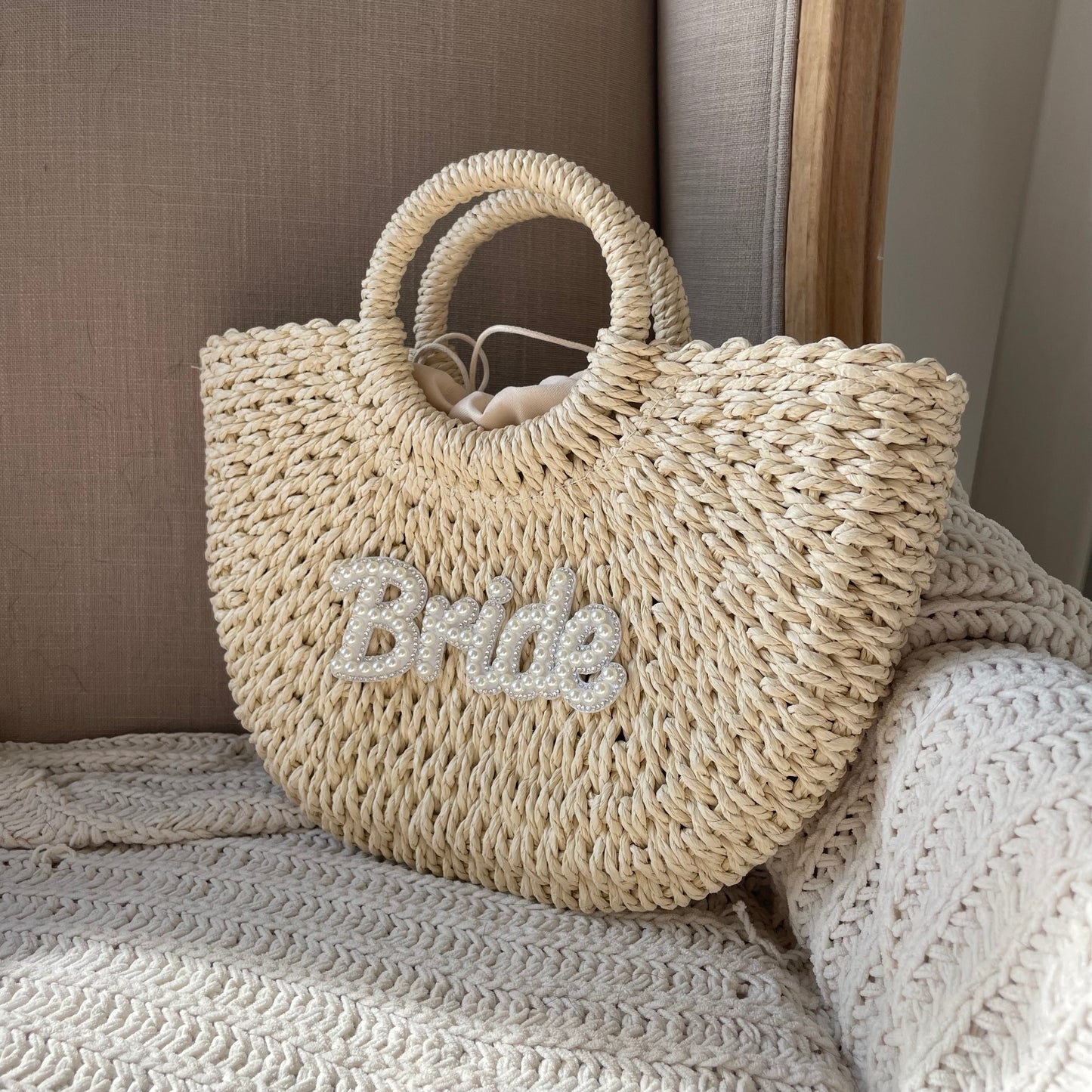 Large Bride Straw Handle Half Moon Semi Circle Basket Drawstring Bag
