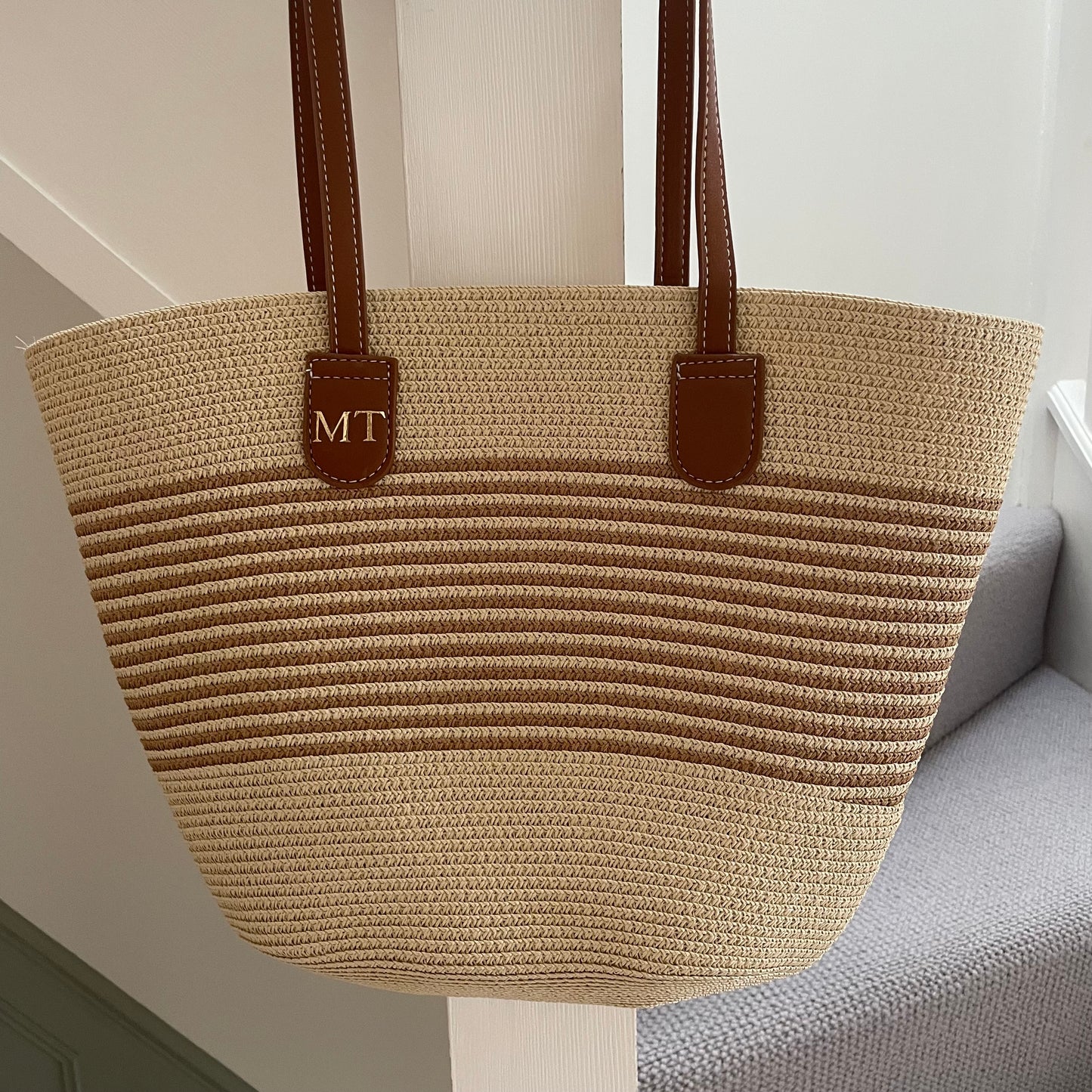 Personalised FLORENCE Beige Stripe Medium Straw Tote Bag