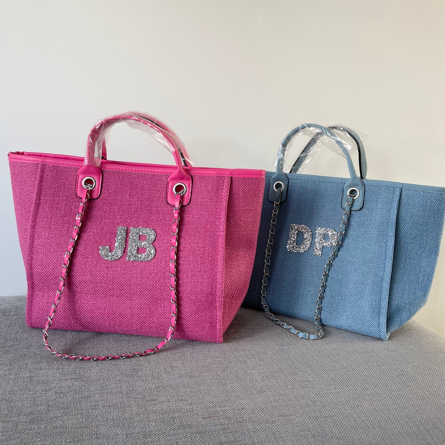 Personalised Silver Crystal Large Initial Chain Tote Bags