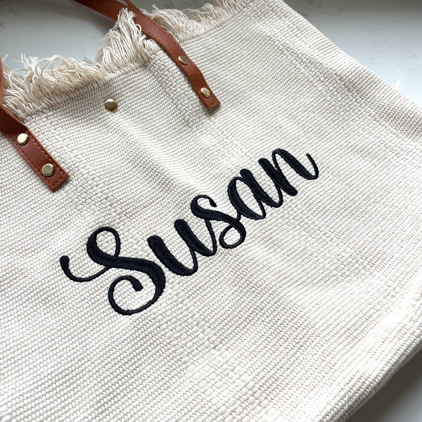Personalised HETTY Embroidered Solid Colour Straw Fringe Shoulder Tote Beach Bag