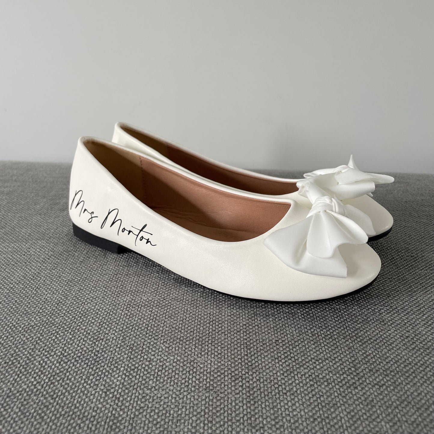 Personalised Bridal Prom White Bow Pump Slip On Flats