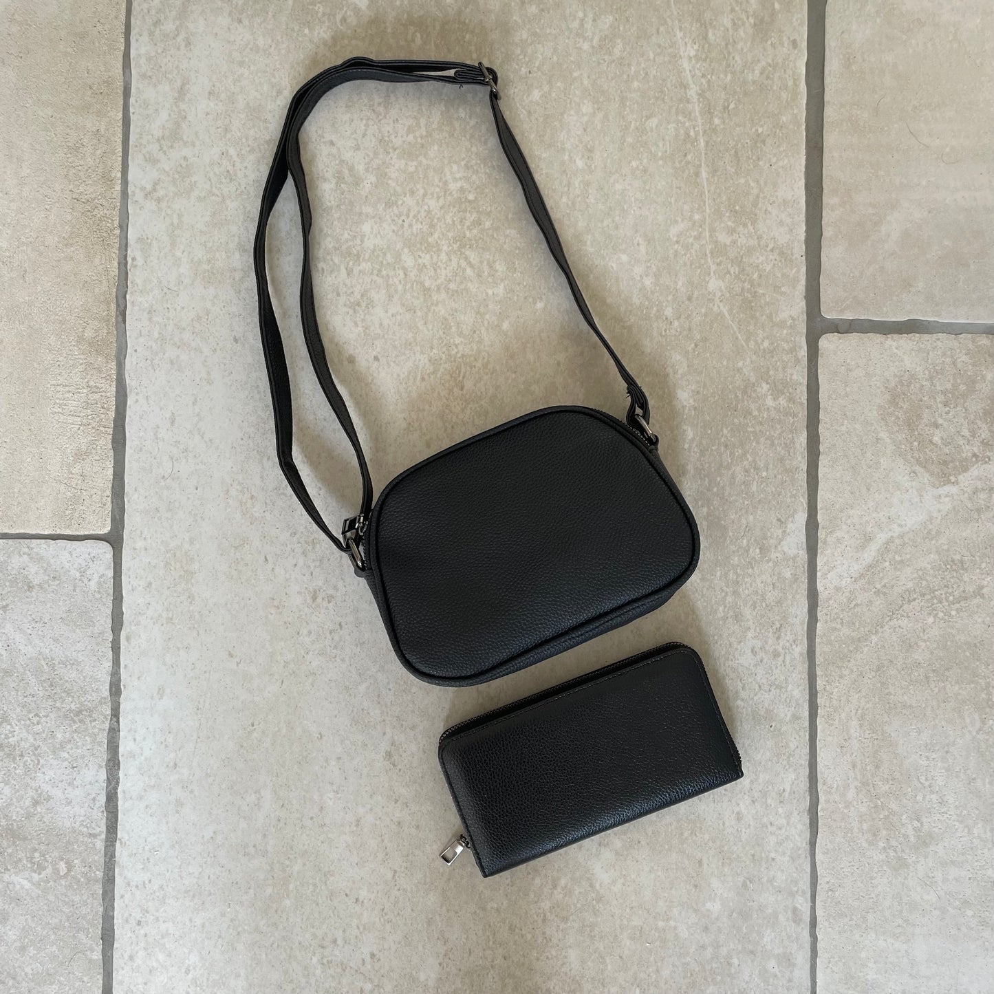 Personalised Black Embossed Cross Body Bag & Long Purse Set