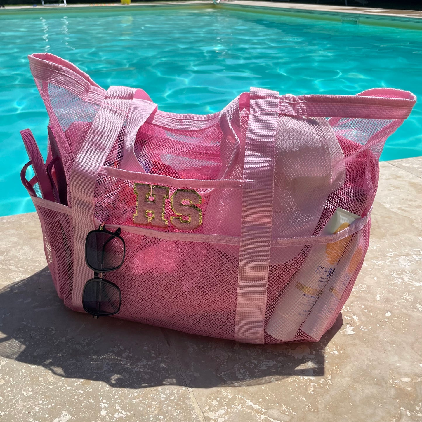 Personalised LACEY Patch Pocket Net Mesh Tote Beach Bag