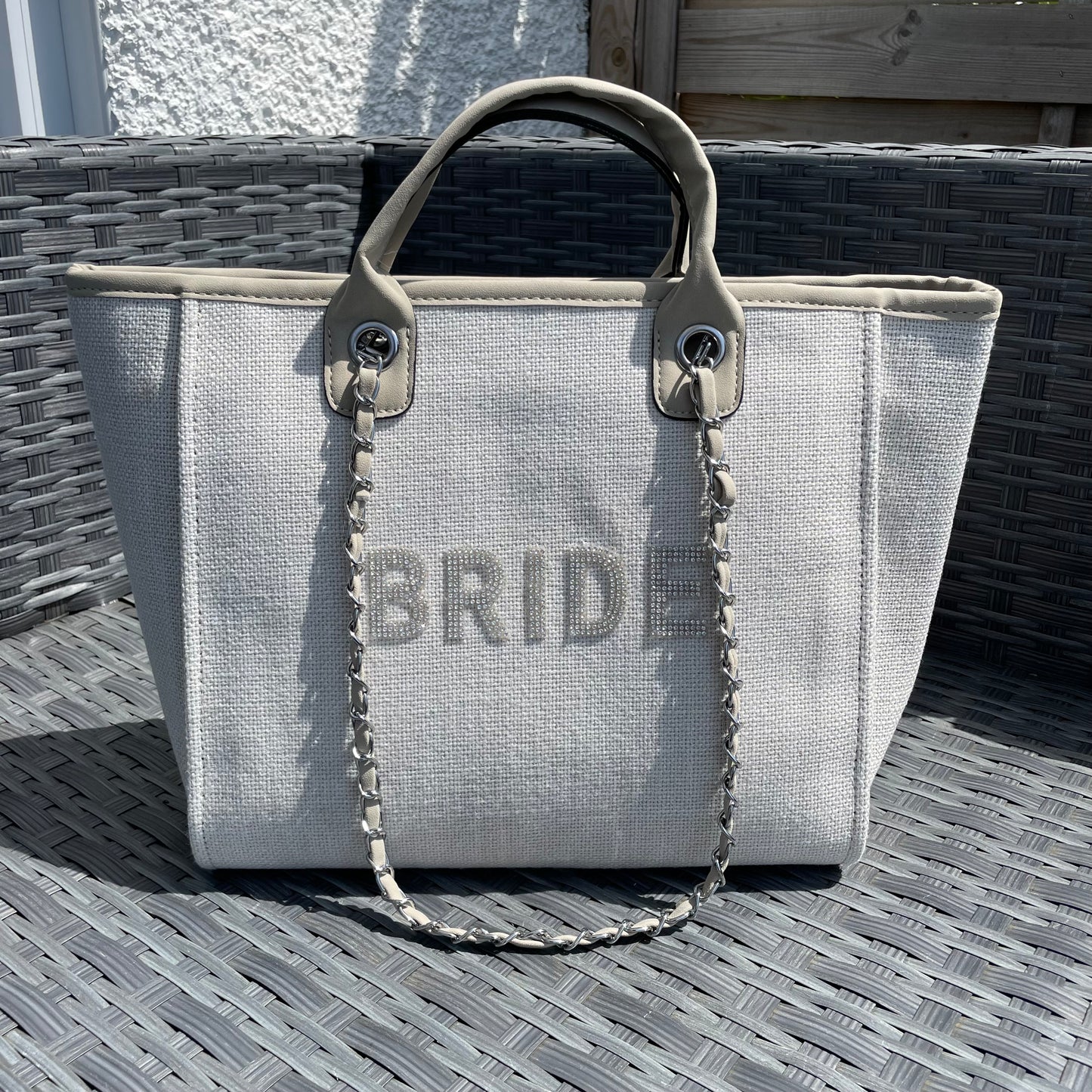 Block Letters Bride Stone Large Chain Initial Tote Bags
