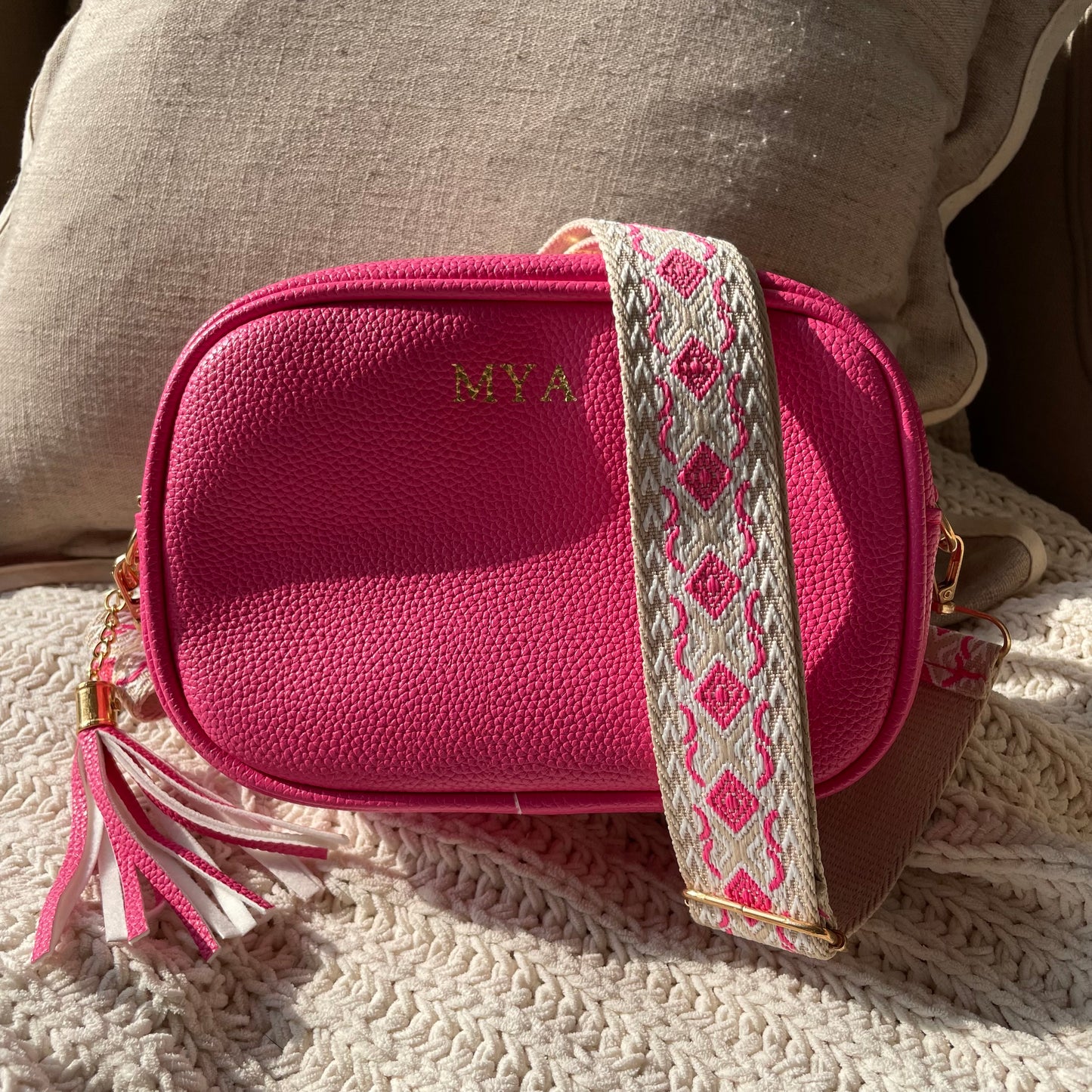 Personalised MAE Embossed Faux Leather Tassel 2 Strap Cross Body Bag