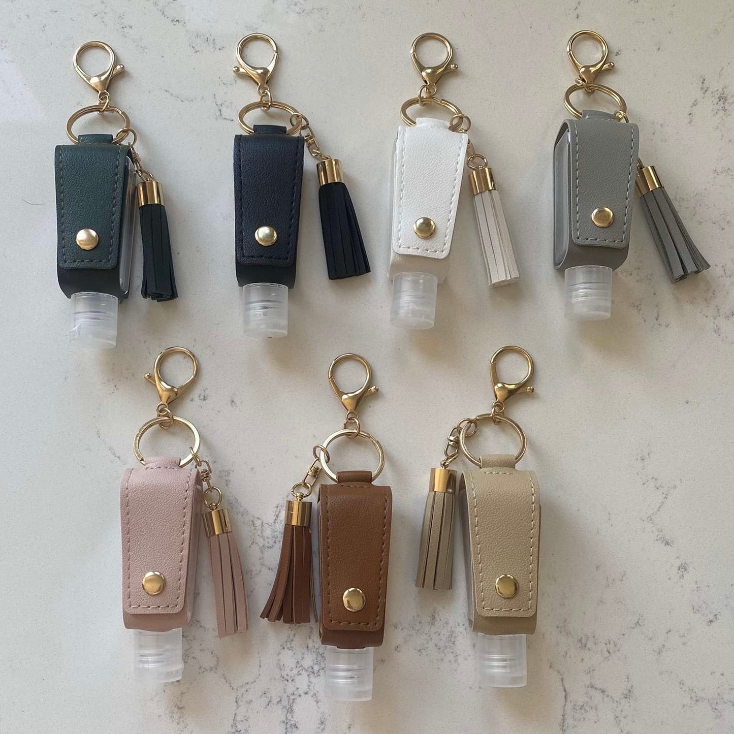 Personalised Faux Leather Hand Sanitiser Tassel Key Charms