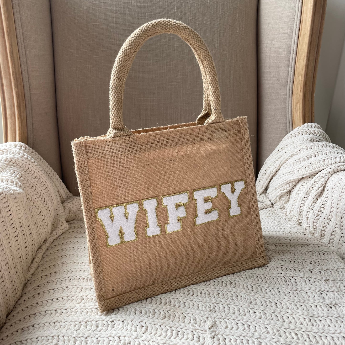 Personalised Patch 5 Letters Square Jute Lunch Bridesmaid Top Handle Gift Bag