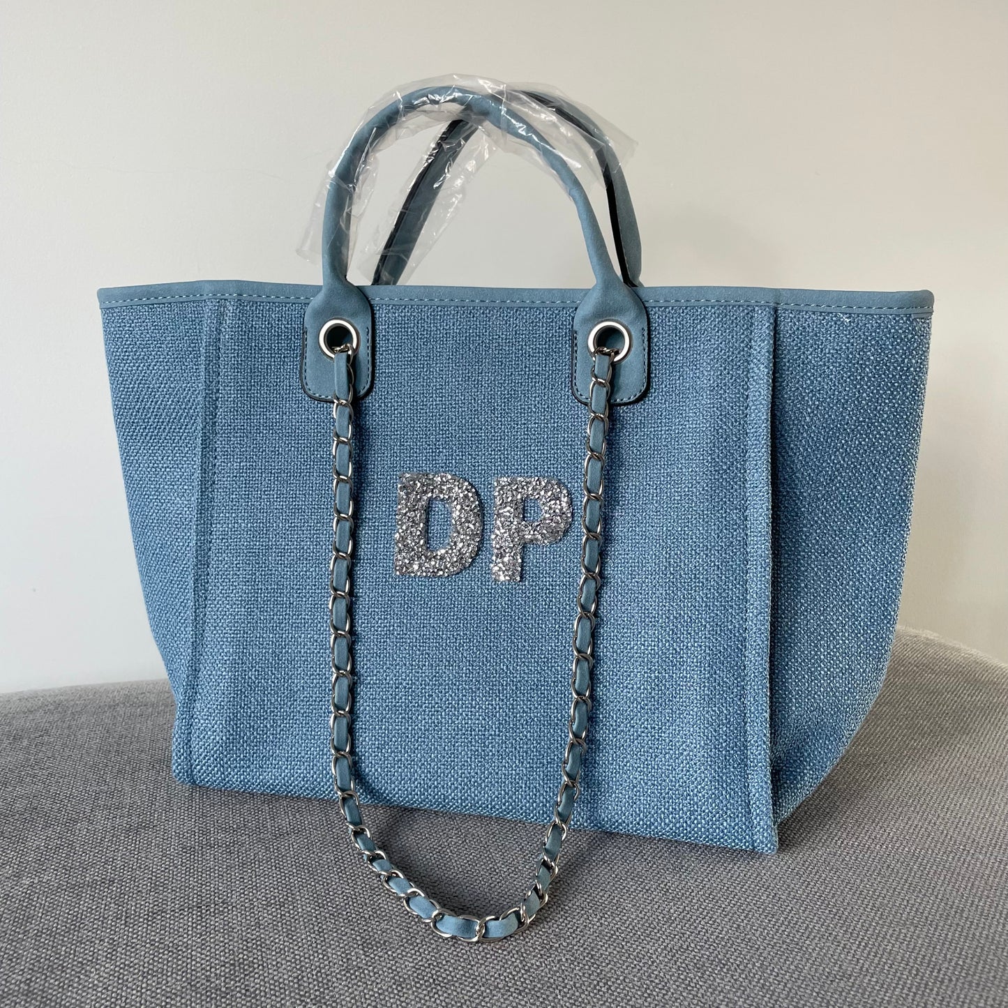 Personalised Silver Crystal Large Initial Chain Tote Bags