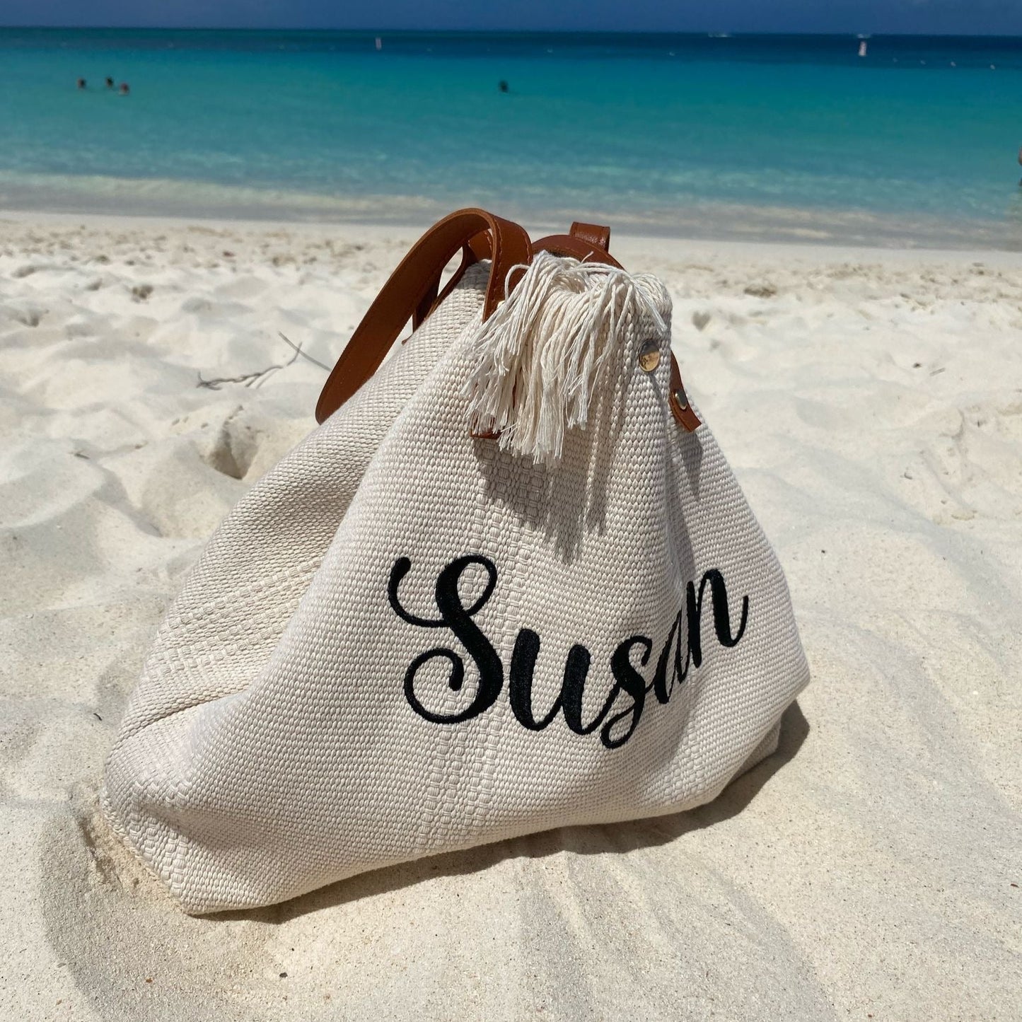 Personalised HETTY Embroidered Solid Colour Straw Fringe Shoulder Tote Beach Bag