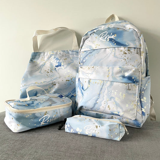 Personalised 4pcs Blue Marble Backpack, Lunch bag, Tote & Pencil pouch Set