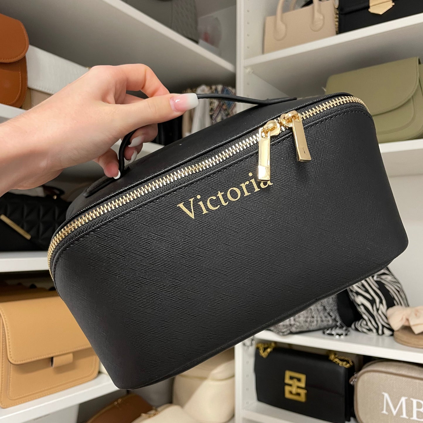 Personalised Saffiano Leather Zip Around Flat Lay Makeup Case