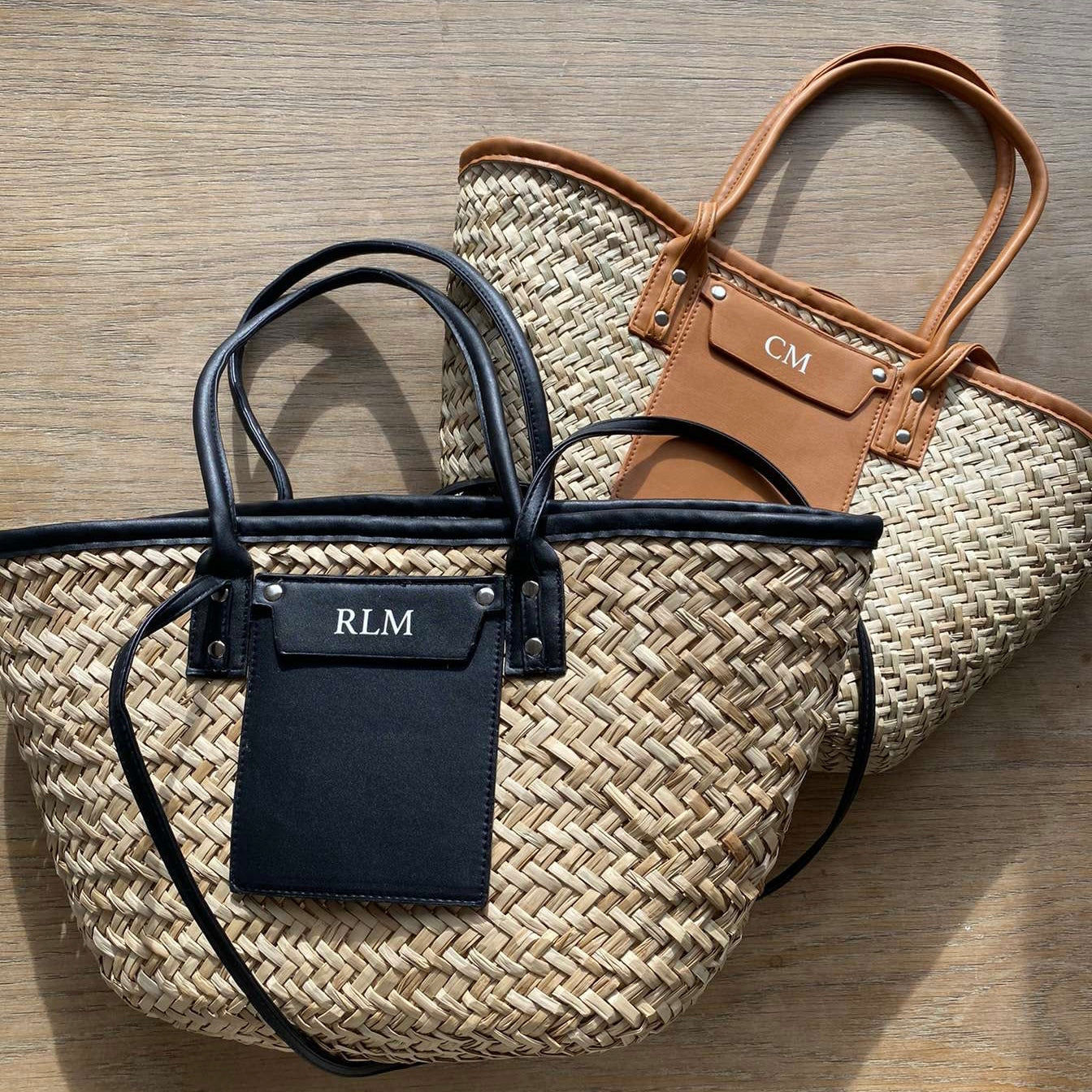 Personalised HARPER Embossed Basket Straw & Faux Leather Tote Beach Bag