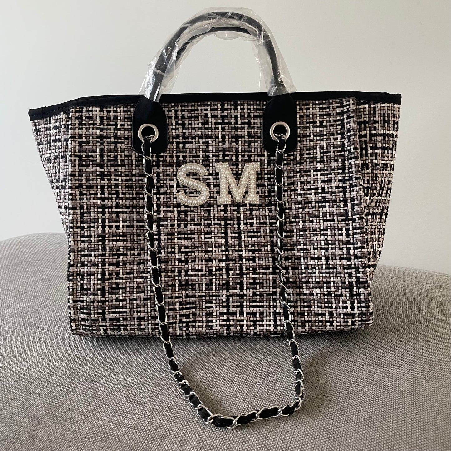 Personalised White Pearl Patch Chain Large Initial Tote Bags