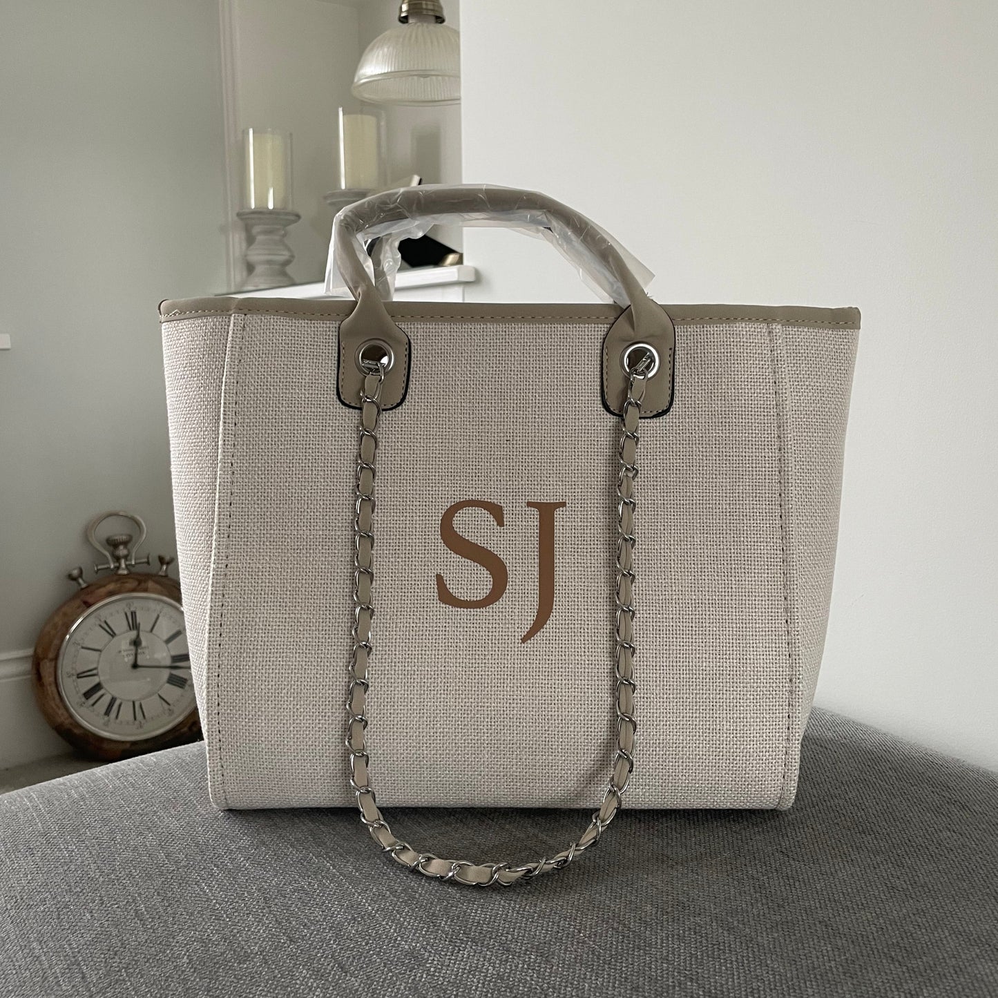 Personalised Stone Large Chain Initial Tote Bags