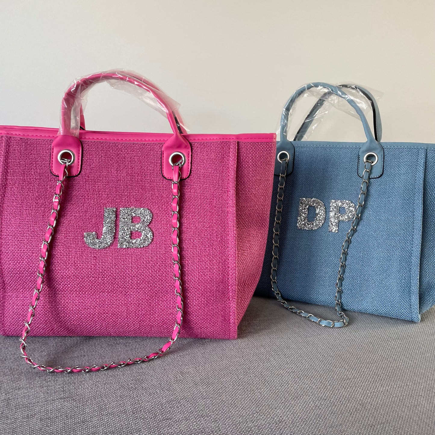 Personalised Silver Crystal Large Initial Chain Tote Bags