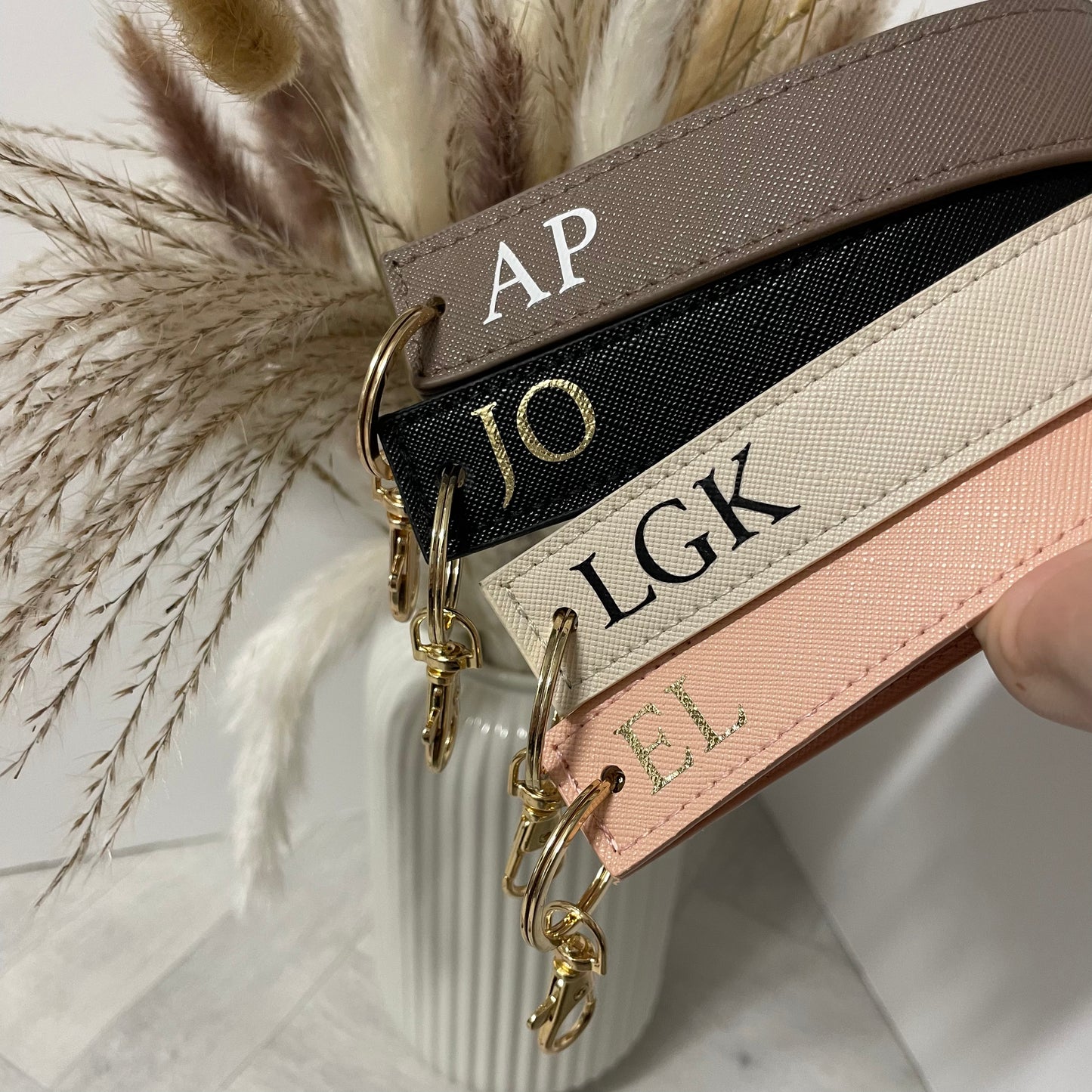 Personalised Saffiano Leather Wristlet Strap Handle key chains key rings