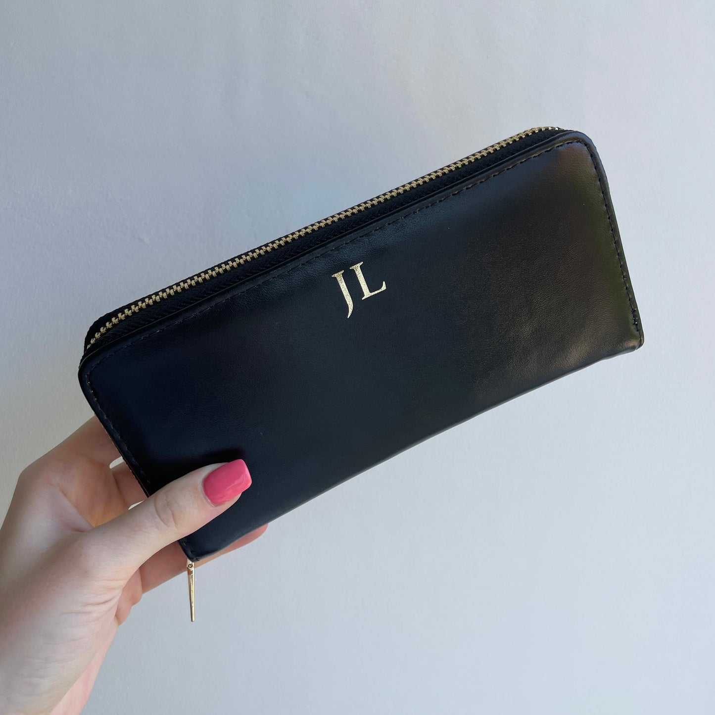 Personalised Black Faux Leather Zip Around Purse Wallet Card Holder