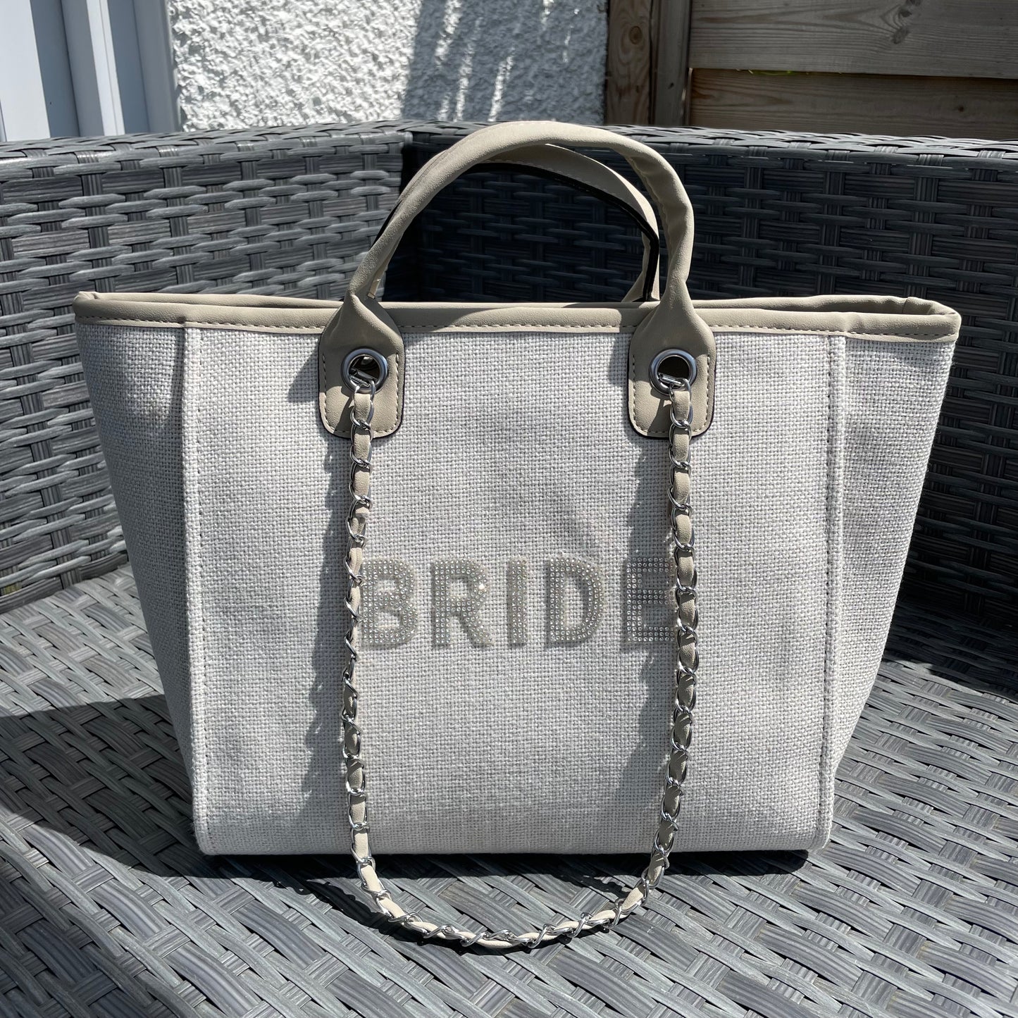Block Letters Bride Stone Large Chain Initial Tote Bags