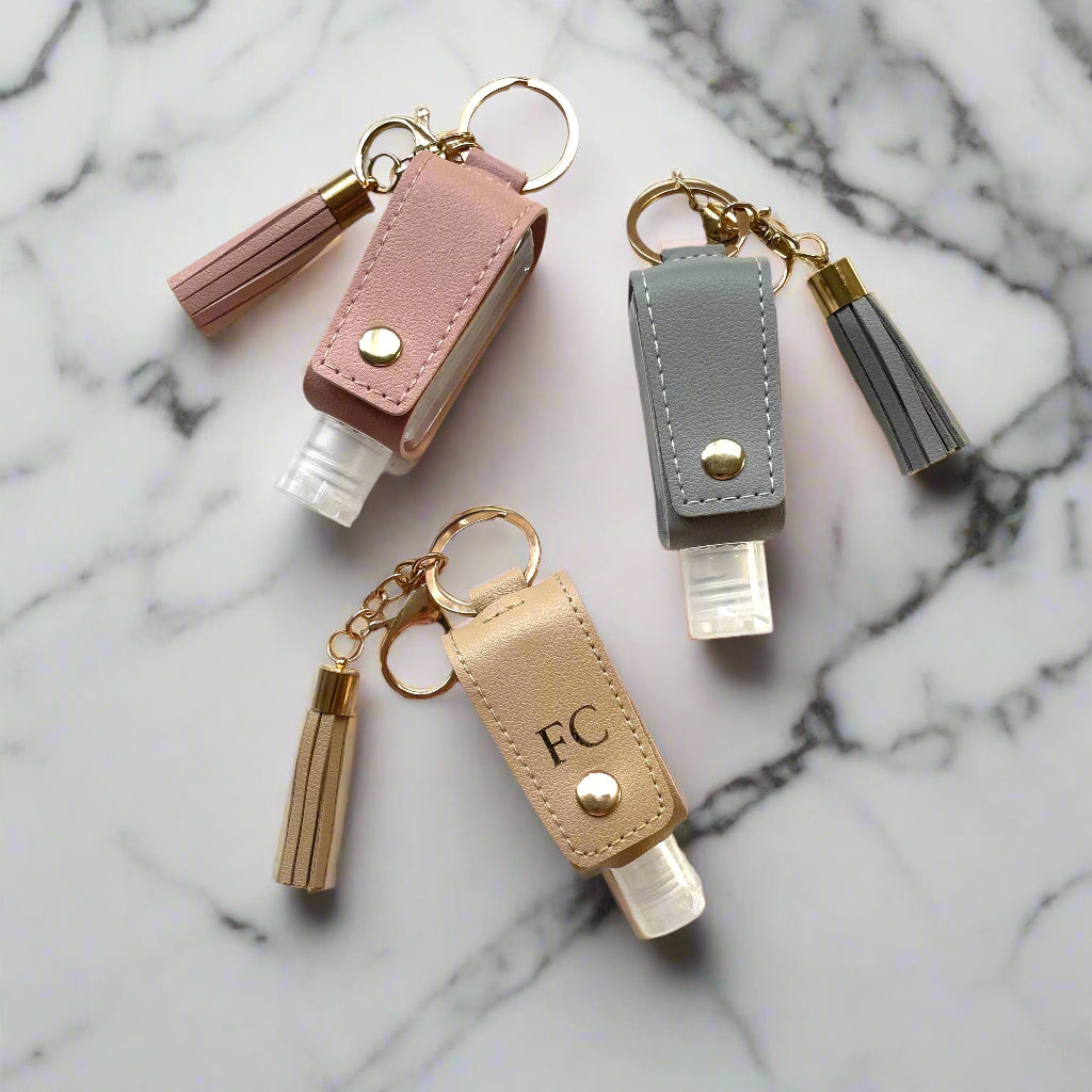 Personalised Faux Leather Hand Sanitiser Tassel Key Charms