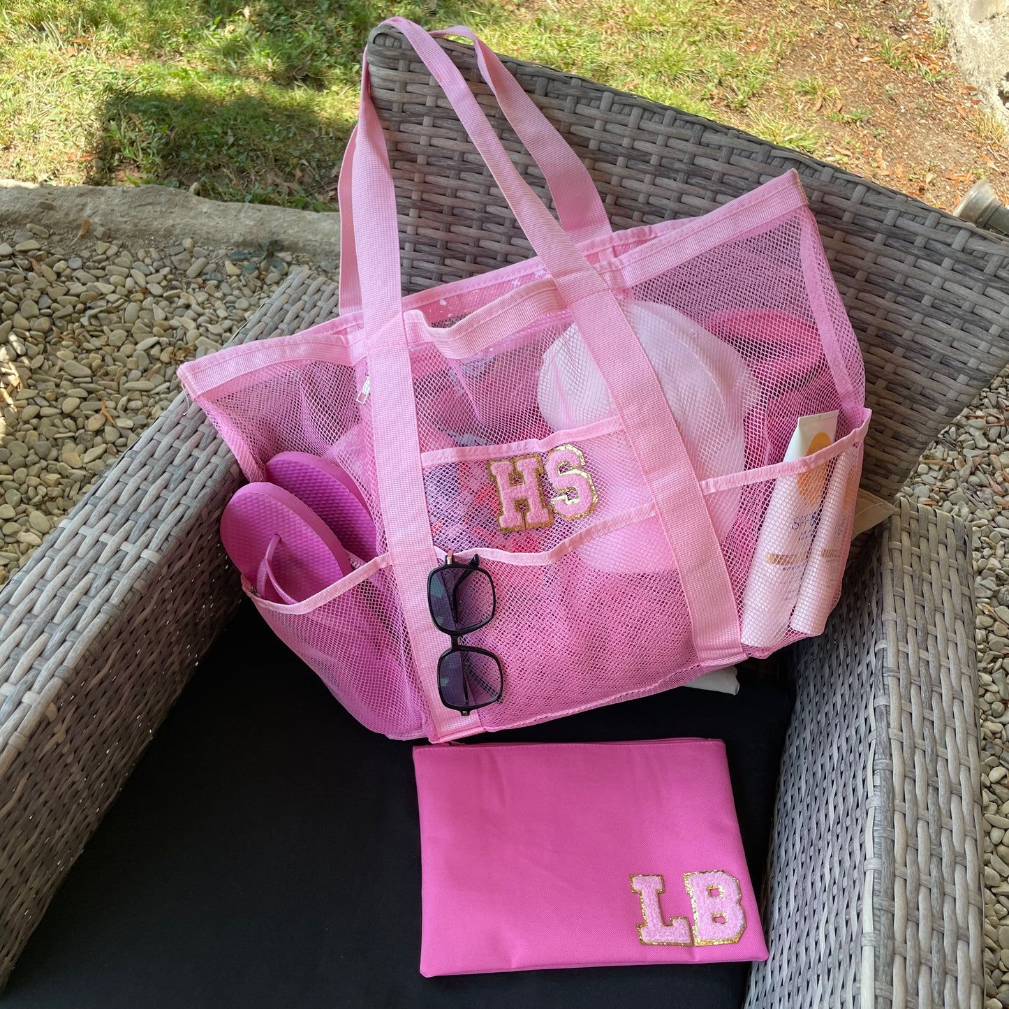 Personalised LACEY Patch Pocket Net Mesh Tote Beach Bag