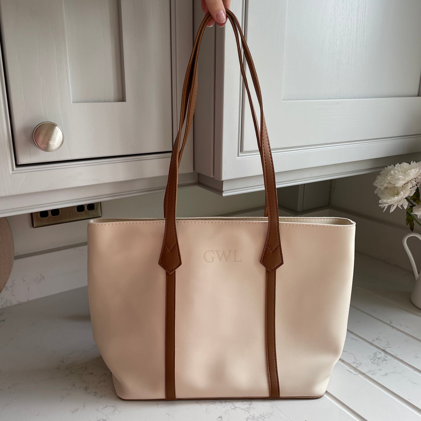 Personalised LAUREN Embossed Zipped Faux Leather Ribbon Tote Bag
