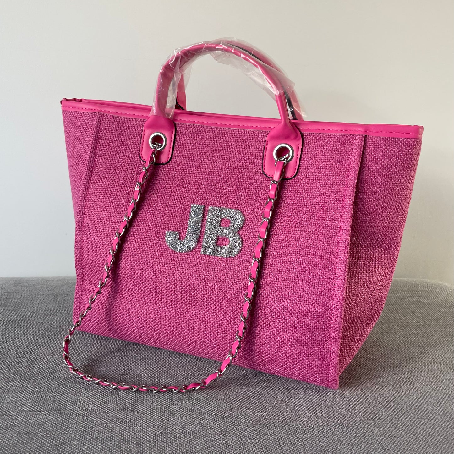 Personalised Silver Crystal Large Initial Chain Tote Bags