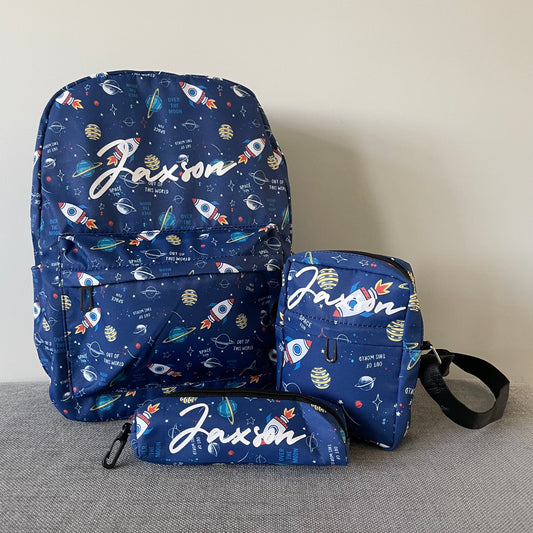 Personalised 3pcs Boys Space Backpack, Cross body bag & Pencil pouch Set