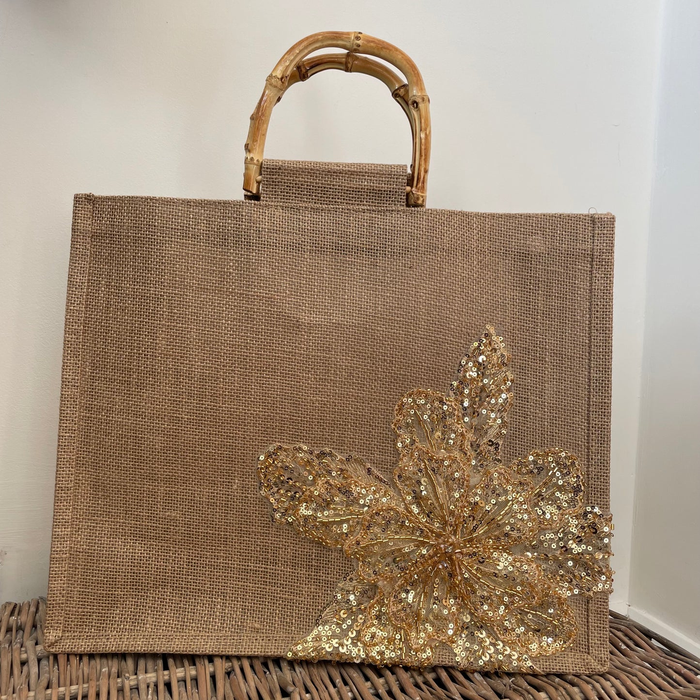 Bamboo Handle Flower Tote Bag